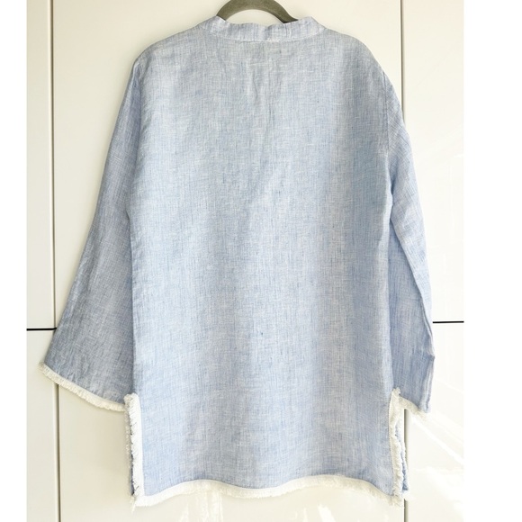 French Curve 100% Linen Beach Coverup Blue with White Trim Size XS V Neck - Picture 7 of 7